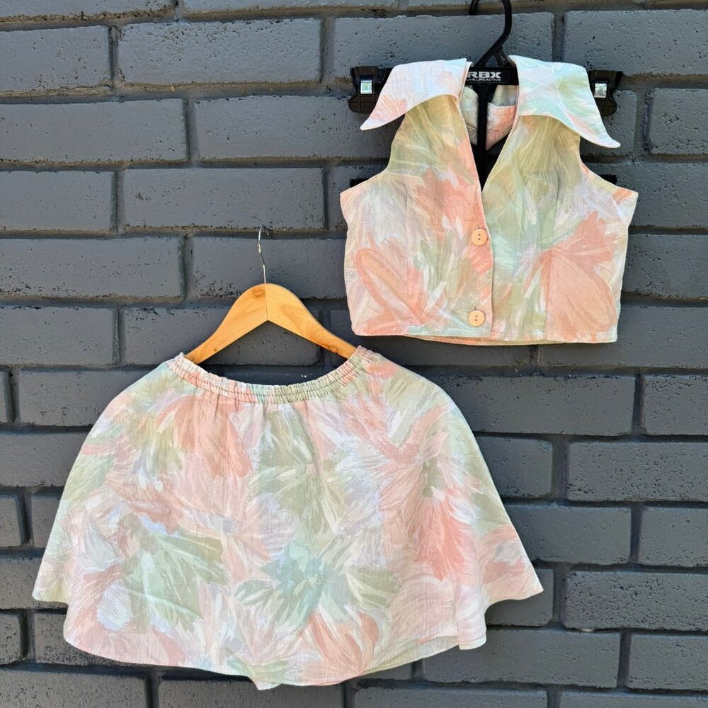 RARE VTG 70 Girl Matching Set 2 Piec Collared Crop Top Skirt Flower Cottage 9-10